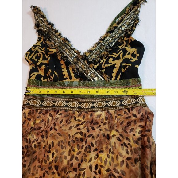 Faith tribal print midi dress boho fringe trim beaded embroidered smocked Size M - Picture 13 of 16